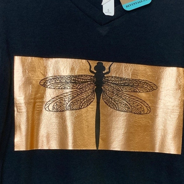 New Upcycled Womens Small Black Copper Dragonfly Insect Bug V-Neck Tee Shirt