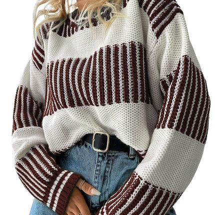 Brown Two Tone Striped Patchwork Drop Shoulder Sweater
