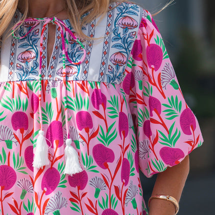 Jade Patchwork Tassel Tie Blouse