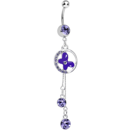 Purple Cubic Zirconia Drops Encircled Butterfly Dangle Belly Ring