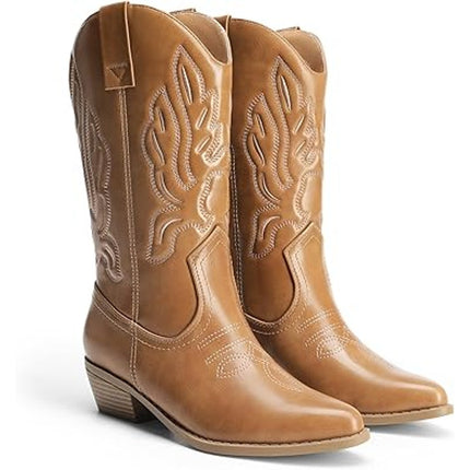Dream Pairs Womens 10 Brown Faux Leather 2" Heel Western Pull On Cowboy Boots