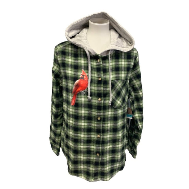 New Hand Printed Womens Small Red Cardinal Bird Plaid Flannel Long Sleeve Hoodie