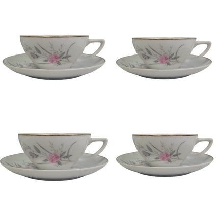 Set of 4 Vintage Golden Rose Flower Gold Rim Fine China Japan Teacups Saucers