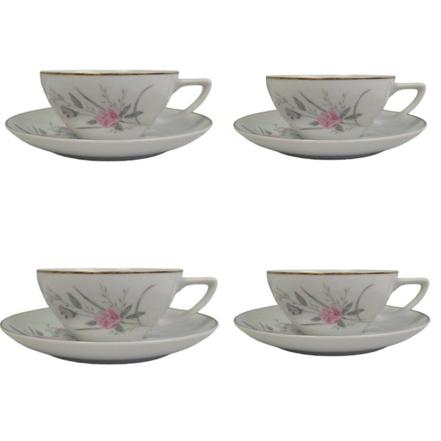 Set of 4 Vintage Golden Rose Flower Gold Rim Fine China Japan Teacups Saucers