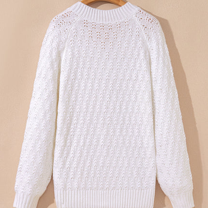 White Plain Knit Ribbed Edge V Neck Loose Sweater - Femstylo