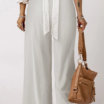 White Smocked Wide Waistband High Waist Wide Leg Pants