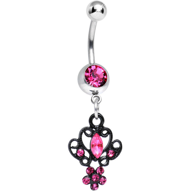 Pink Gem Black Brussels Lace and Flower Dangle Belly Ring
