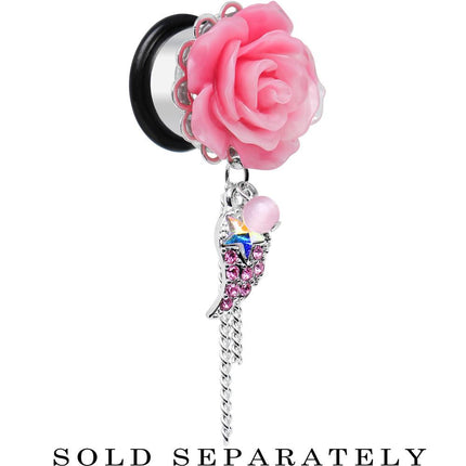 Pink Gem Angel Wing and Pink Rose Flower Single Flare Dangle Plug Sizes 0G to 16mm