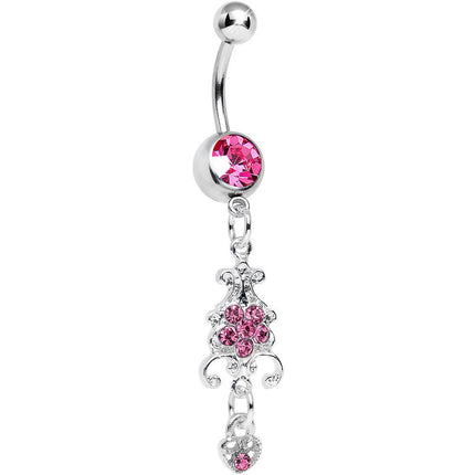 Pink Gem Sparkling Fleur De Lock Dangle Belly Ring
