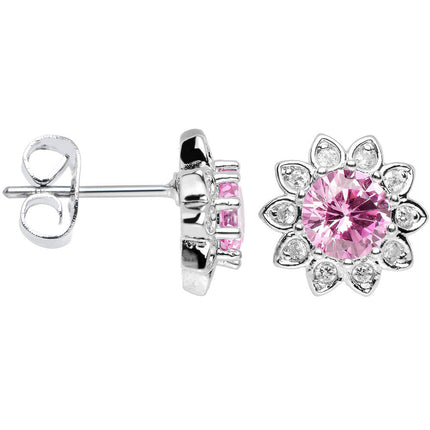 Pink Clear Cubic Zirconia Brilliant Sunburst Flower Stud Earrings