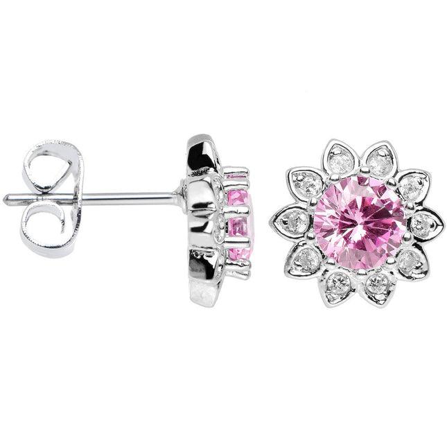 Pink Clear Cubic Zirconia Brilliant Sunburst Flower Stud Earrings