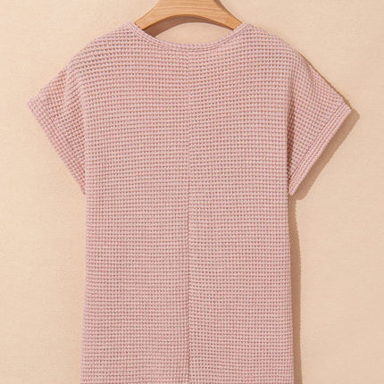 Mist Green Hollow Patchwork Waffle Knit Top