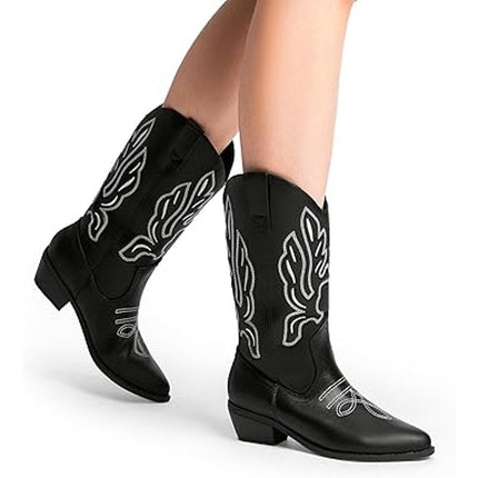 Dream Pairs Womens Size 6.5 Black Faux Leather 2" Heel Cowboy Western Boots