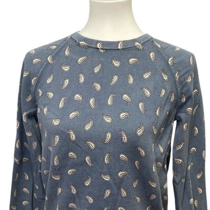 LOFT Womens Small Paisley Blue Long Sleeve Crew Neck 100% Cotton Sweater