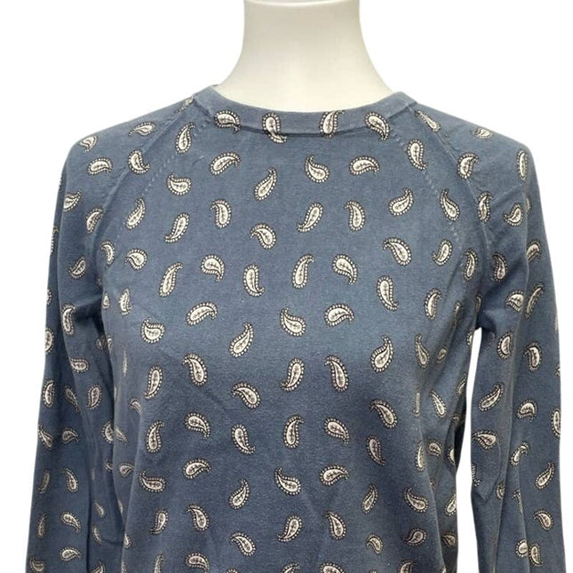 LOFT Womens Small Paisley Blue Long Sleeve Crew Neck 100% Cotton Sweater
