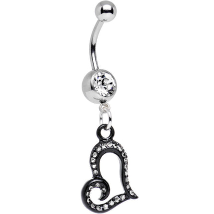 Clear Gem Paved Black Asymmetrical Heart Dangle Belly Ring