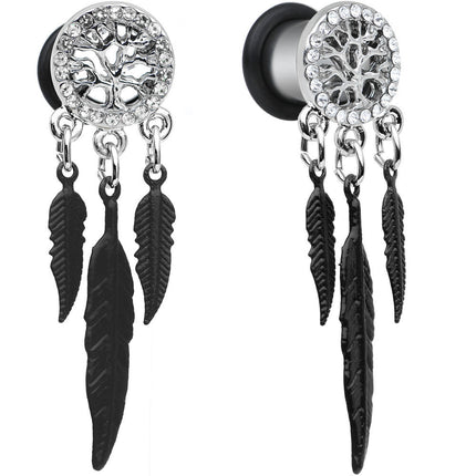 0G Clear Gem Steel Single Flare Tree of Life Dangle Plug Set