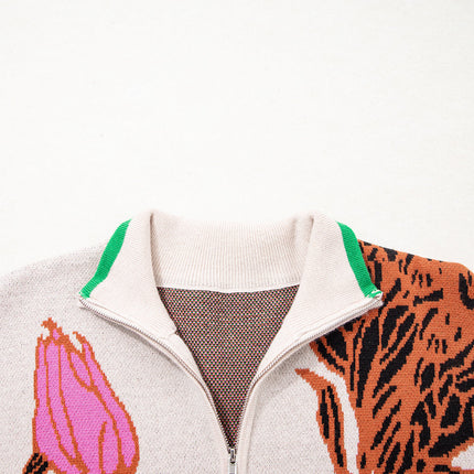 Khaki Contrast Trim Floral Pattern Quarter Zip Stand Neck Sweater