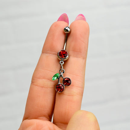 Ruby Red DANGLING CHERRY Belly Ring