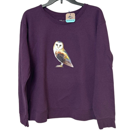 Upcycled Hand Printed Womens XL Woodland Owl Bird Long Sleeve Sweatshirt