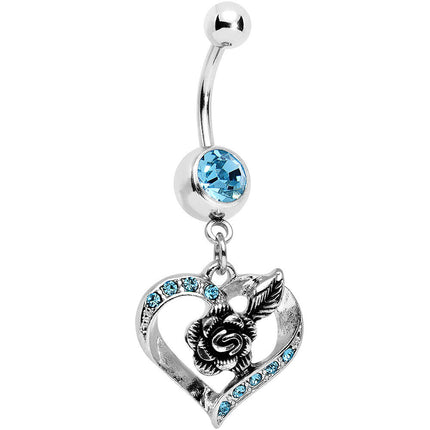Aqua Gem Tattoo Rose Flower in a Hollow Heart Dangle Belly Ring
