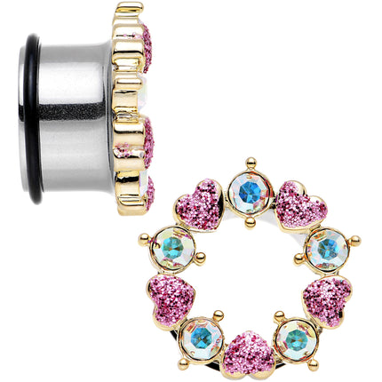 18mm Aurora and Pink Gem Heart Wreath Single Flare Tunnel Plug Set