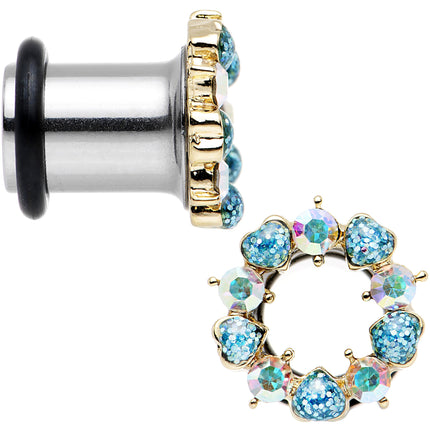 0G Aurora and Aqua Gem Heart Wreath Single Flare Tunnel Plug Set