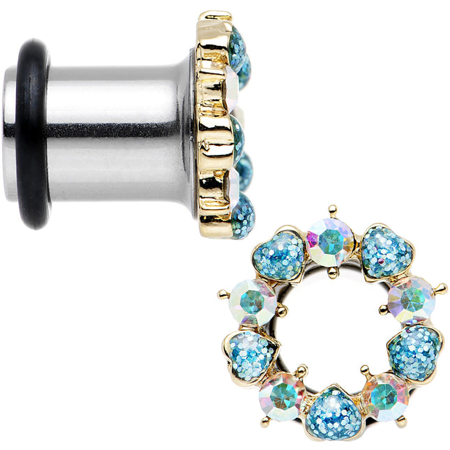 0G Aurora and Aqua Gem Heart Wreath Single Flare Tunnel Plug Set