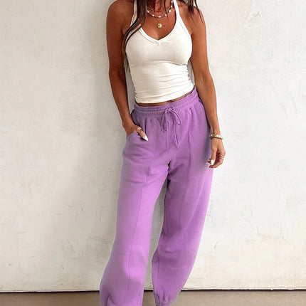 Lilac Tie Elastic Waist Solid Color Patchwork Jogger Pants