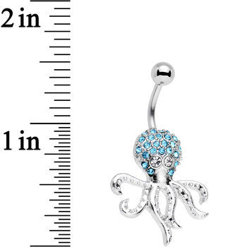 Clear and Aqua Gem Paved Steel I'm All Tentacles Octopus Belly Ring