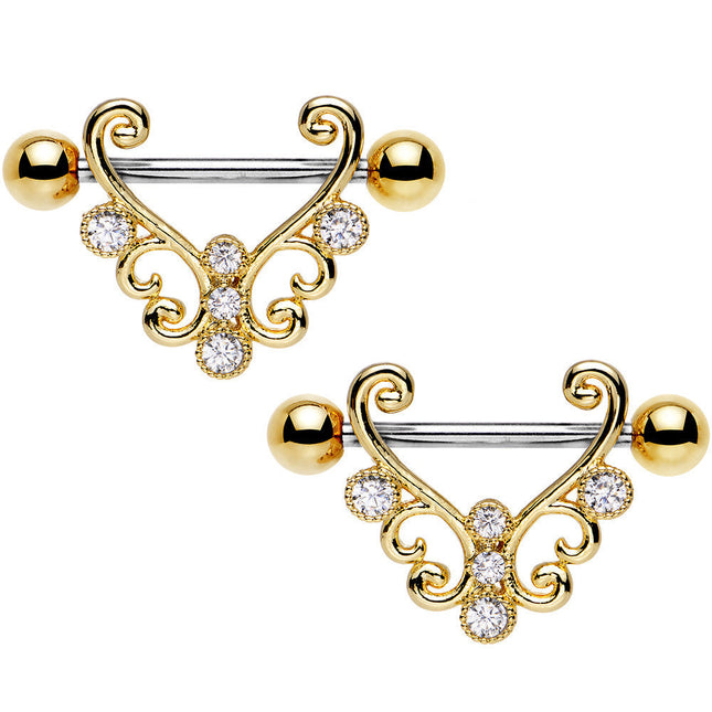 14G 9/16 Clear CZ Stainless Steel Art Deco Nipple Shield Set