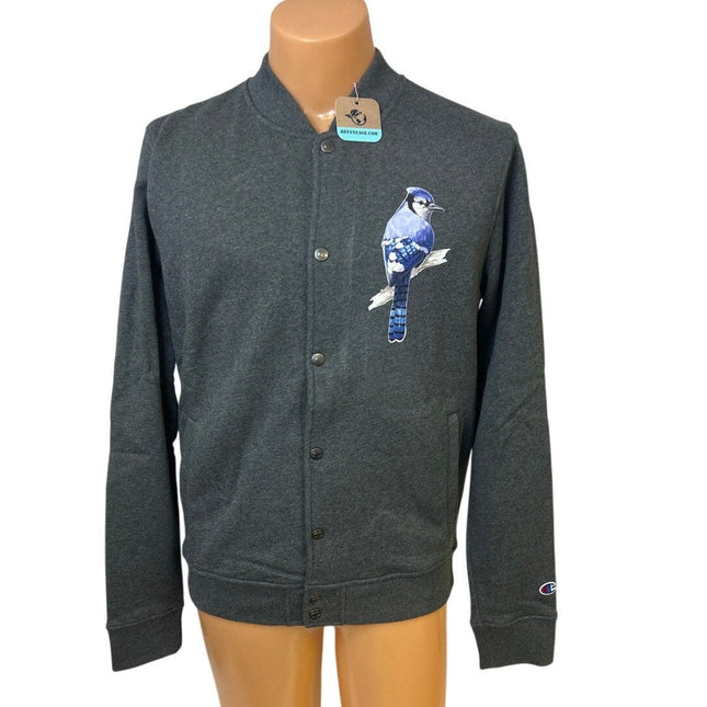 New Champion Mens Small Dark Gray Snap Up Hand Printed Blue Jay Bomber Jacket