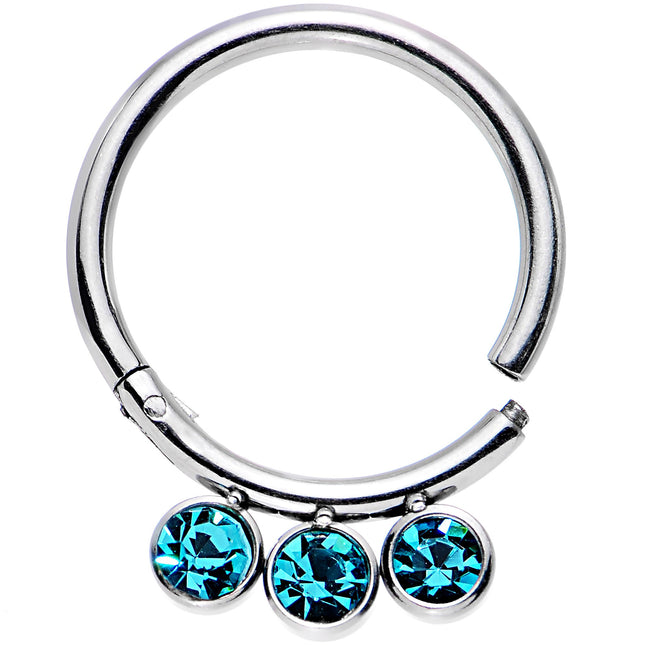 16G 3/8 Aqua Gem Stainless Steel Trio Hinged Segment Ring