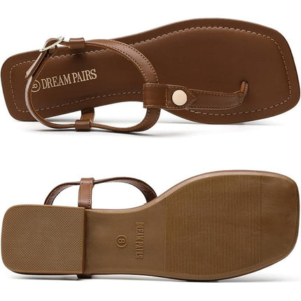 Dream Pairs Womens Size 8.5 Brown T Strap Sandal Flip Flop Square Toe Shoes