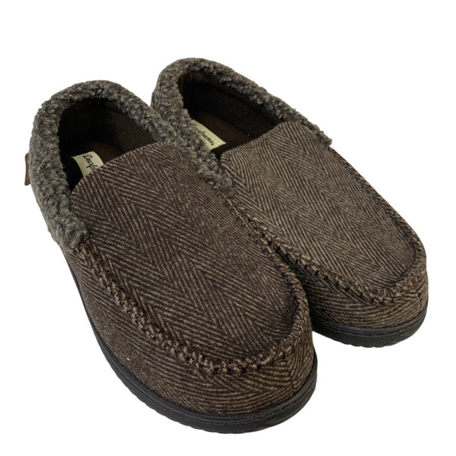 Dearfoams Mens Medium 9/10 Brown Tweed Memory Foam Washable Moccasin Slippers