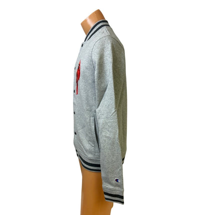 New Champion Mens Small Gray Snap Up Hand Printed Cardinal Bird Bomber Jacket