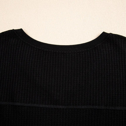 White Waffle Texture V Neck Drop Shoulder Loose Tee