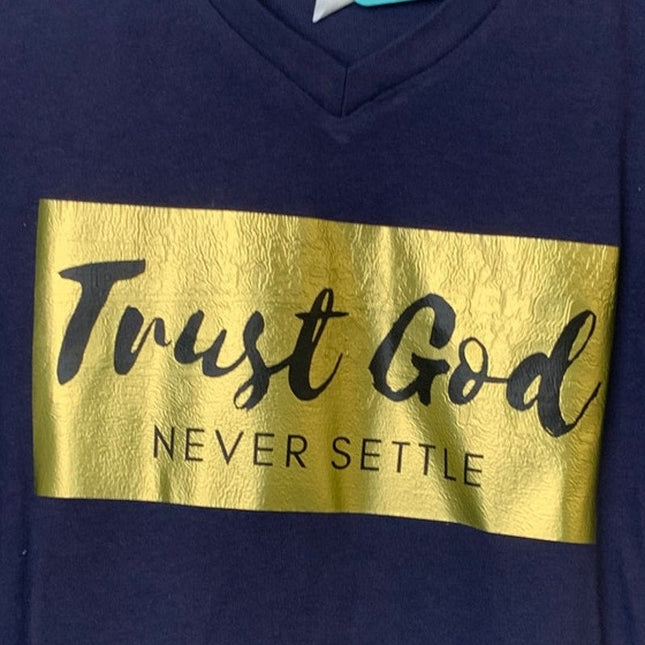 New Upcycled Hand Printed Womens Small Navy Gold Trust God Never Settle Tee
