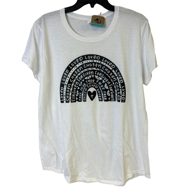 New Hand Printed Womens 2XL Jesus Loved Chosen Forgiven Free Rainbow Tee Shirt