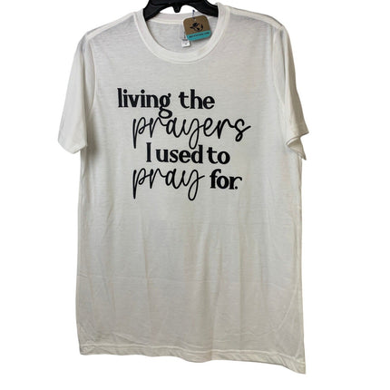 New Hand Printed Womens Medium White Living Prayer Pray PolyCotton Crew Neck Tee