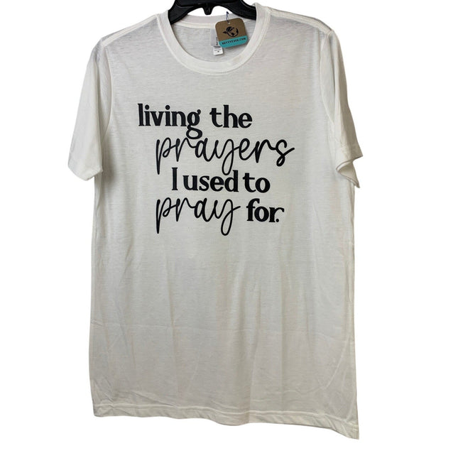 New Hand Printed Womens Medium White Living Prayer Pray PolyCotton Crew Neck Tee