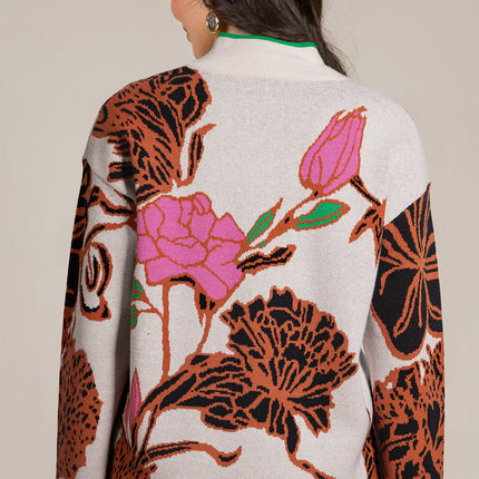 Khaki Contrast Trim Floral Pattern Quarter Zip Stand Neck Sweater
