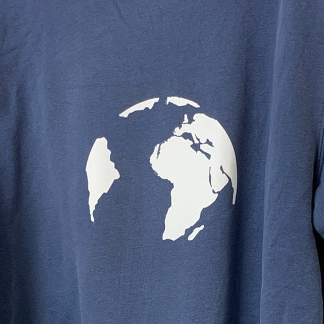 Upcycled Hand Printed Womens Large Blue Save Planet Earth Crew Neck Sweatshirt