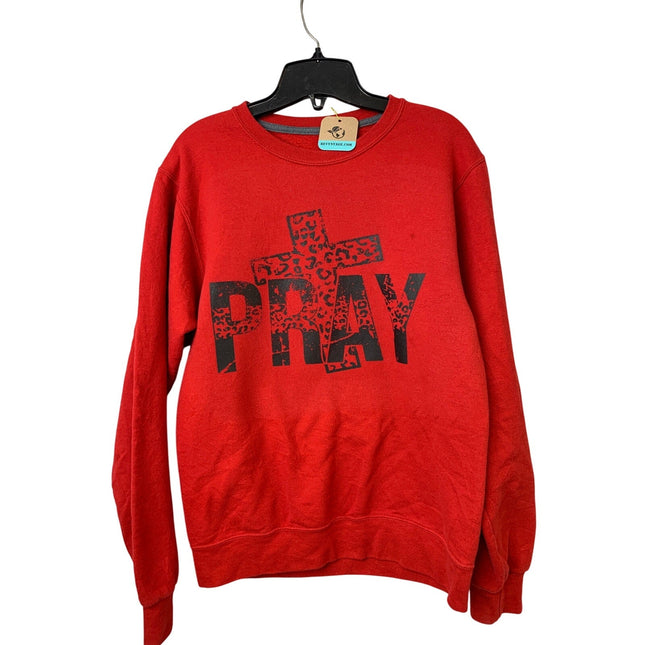 Hand Printed Upcycled Mens Small Red Pray Jesus Crucifix Long Sleeve Sweatshirt