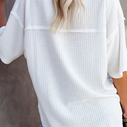Blue Exposed Seam Drop Sleeve V Neck Waffle Textured Top