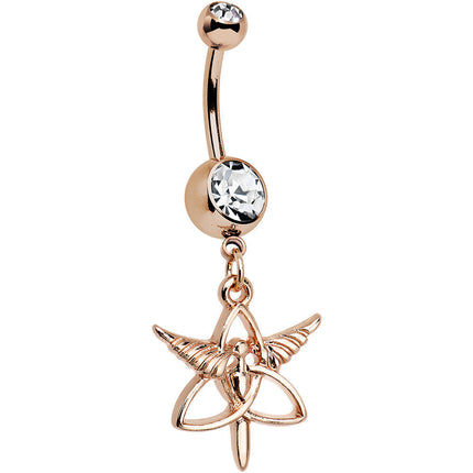 Clear Gem Rose Gold Anodized Heralds Staff Trinity Dangle Belly Ring