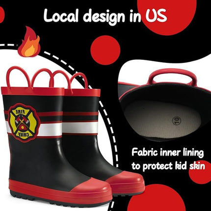 Mysoft Toddler Kids Size 7 Red Black Fire Chief Pull On Handles Rain Boots