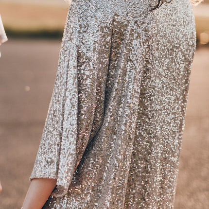Apricot Sequin 3/4 Sleeve Open Front Duster Cardigan - Femstylo