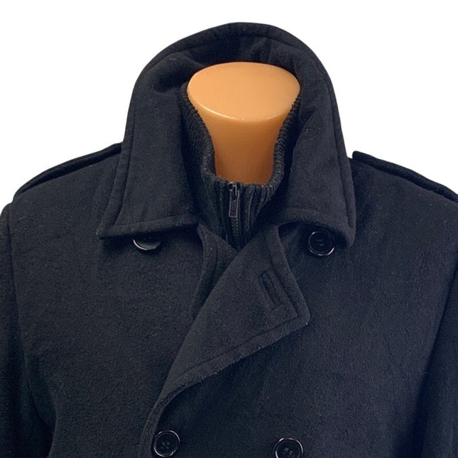Haggar Mens Large Black Zip Button Collared Fully Lined Wool Blend Winter Coat