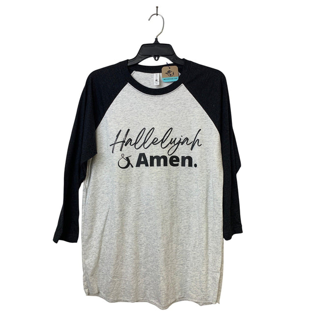 New Hand Printed Mens Medium Hallelujah & Amen Black Gray 3/4 Sleeve Tee Shirt